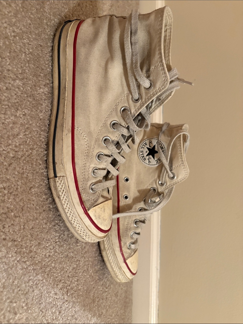 Converse High Top Sneakers in Off-White with Red Stripe